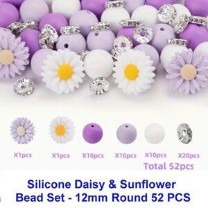 Silicone Daisy & Sunflower Bead Set - 12mm Round  52 Pieces